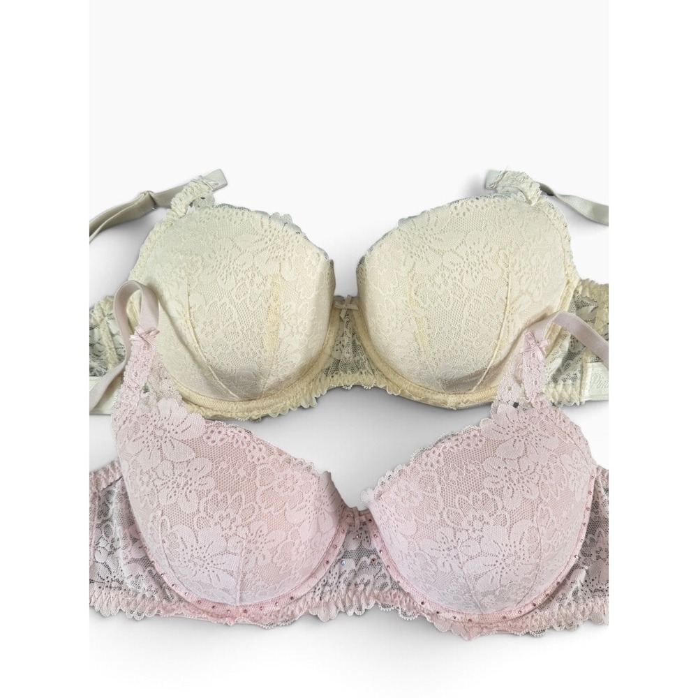 Lot Of 2 Victorias Secret PINK Ivory 36C Bra Push Up Balconette Lace Padded